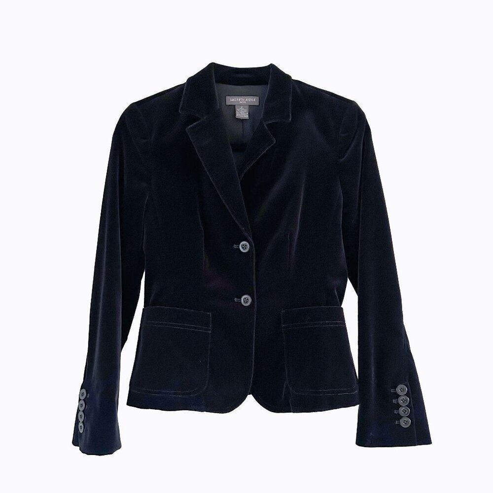 Saks Fifth Avenue Black Velvet Blazer 2P Classic Fitted Whimsigoth Goth Academia